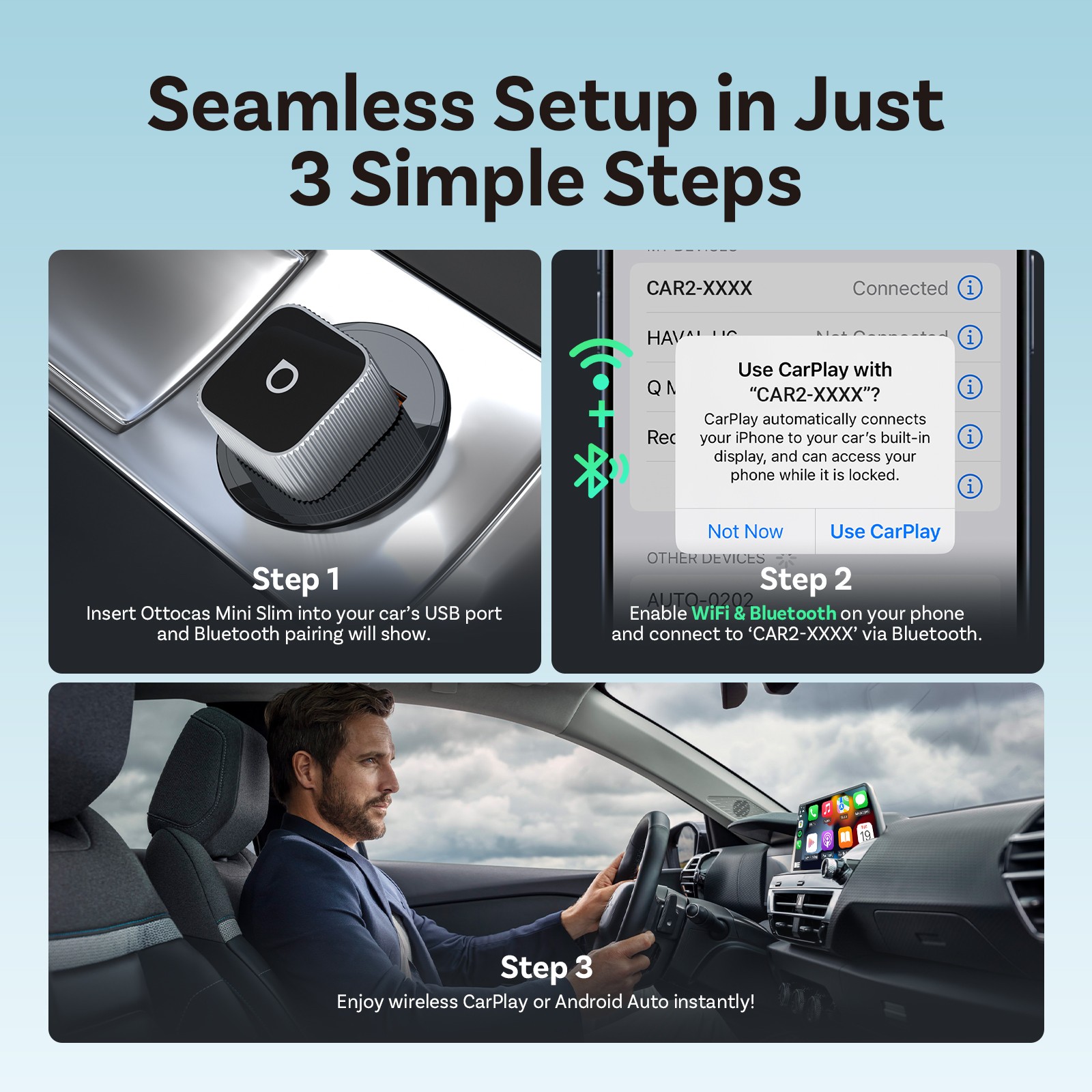 Ottocast Mini Wireless CarPlay & Android Auto Adapter Fast Auto-Reconnect Sliver