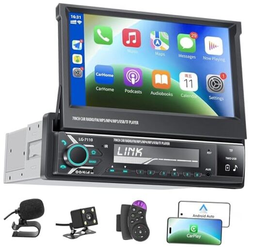 Single Din Car Stereo Screen with Wireless Carplay & Android Auto, 7′ Flip Out