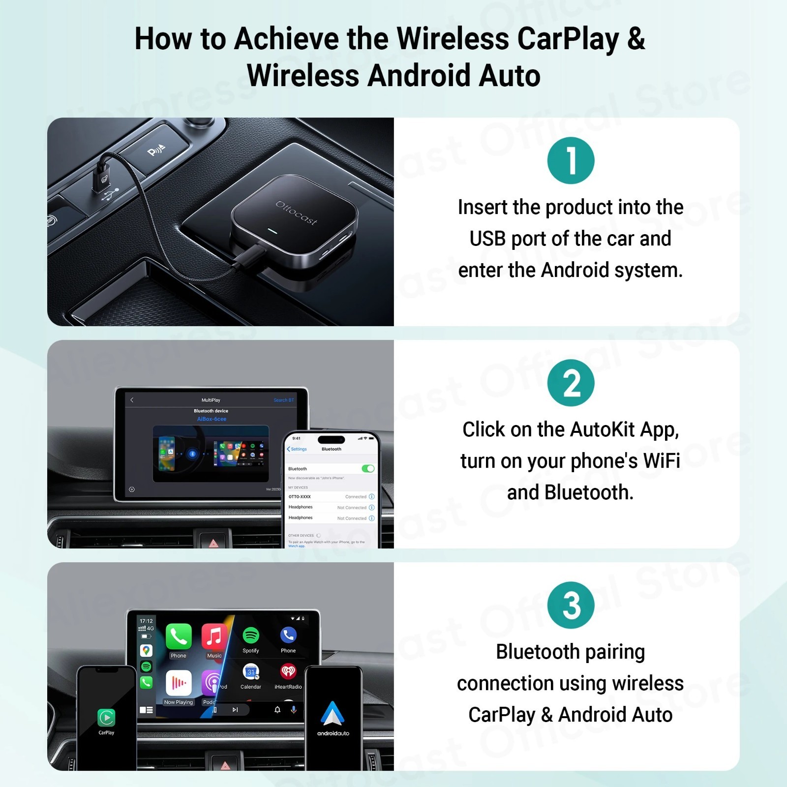 OTTOCAST E2 Video Palyer Ai Box Wireless CarPlay Adapter Android w/YT+TK+APP