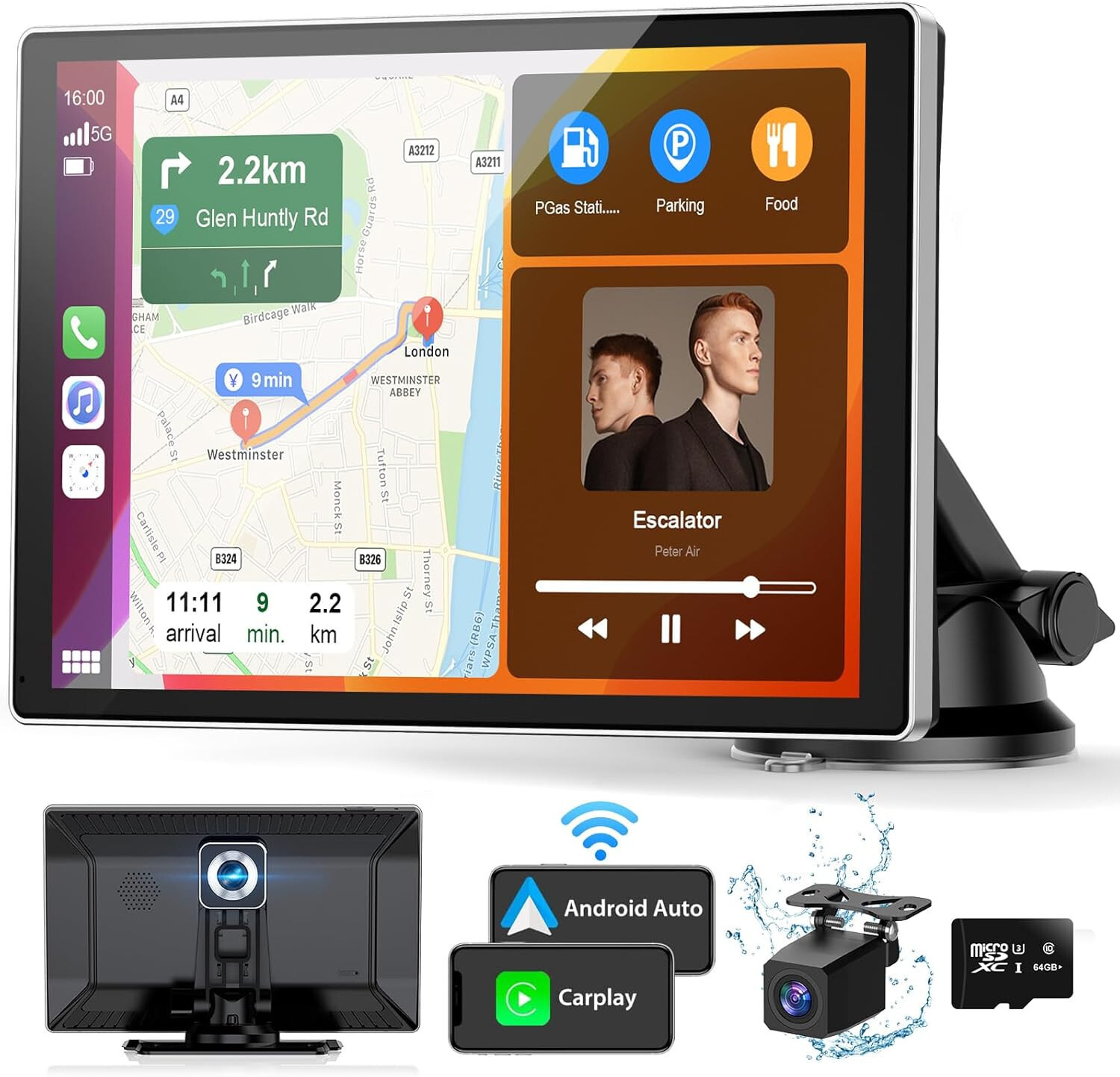 Oscio9″ Wireless Carplay Android Auto Screen with 4K Dash Cam & 1080P Backup cam