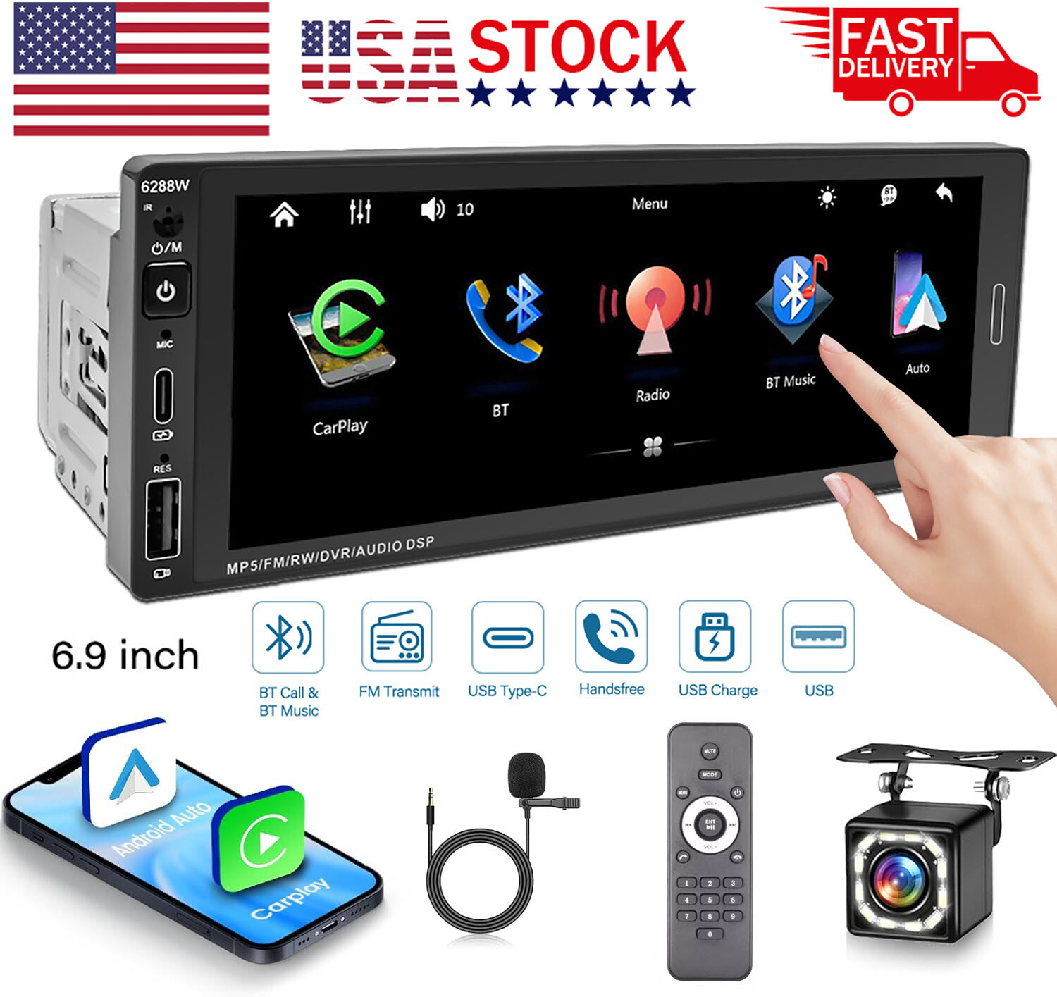 Single Din Car Stereo Wireless Apple CarPlay 6.9 touchscreen Bluetooth Radio USB