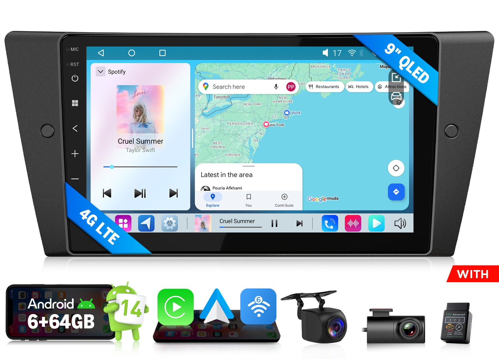 Android Auto 9″ QLED CarPlay Car Radio Head Unit for BMW E90 6+64 GPS Navigation