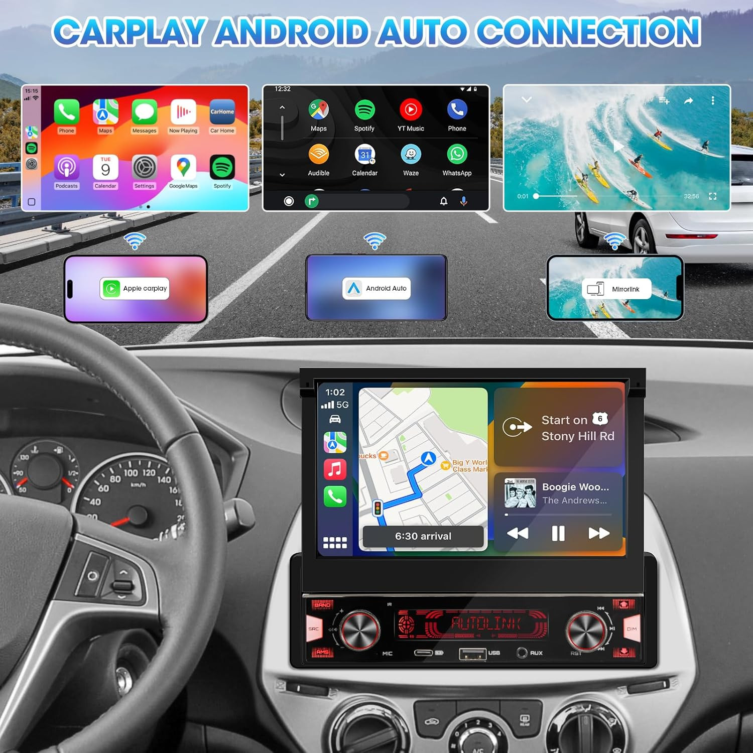Single Din Flip-Out Touchscreen Radio: 7 Inch Wireless Carplay Android Auto Car