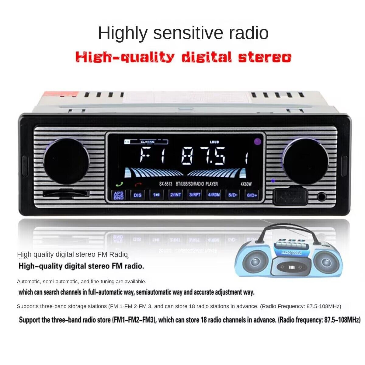 1Din Bluetooth Car Radio Stereo FM Audio Head Unit MP3 Player USB/TF/AUX In-Dash