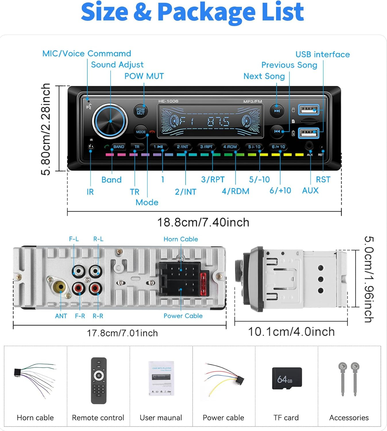 Single Din Car Stereo Bluetooth 5.0 Audio Radio with 64G Card FM Receiver Digita