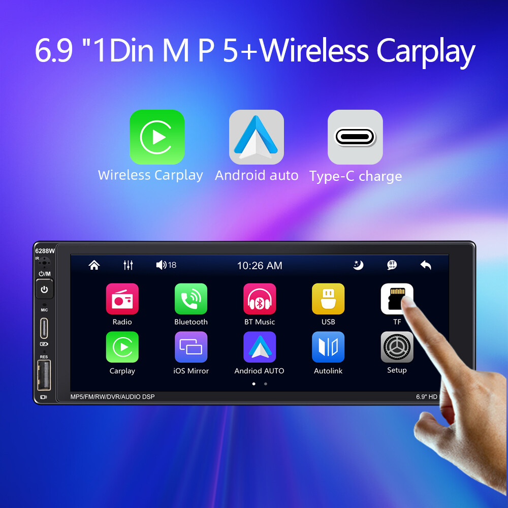 1 Din 6.9″ Car Radio Wireless Carplay Android BT AM Touch Screen Type-C Charging
