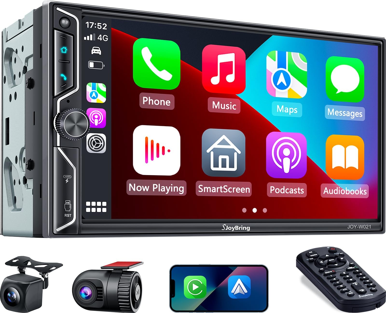 SJoyBring 7″ QLED Double Din Car Stereo Compatible with Wireless Apple CarPla…