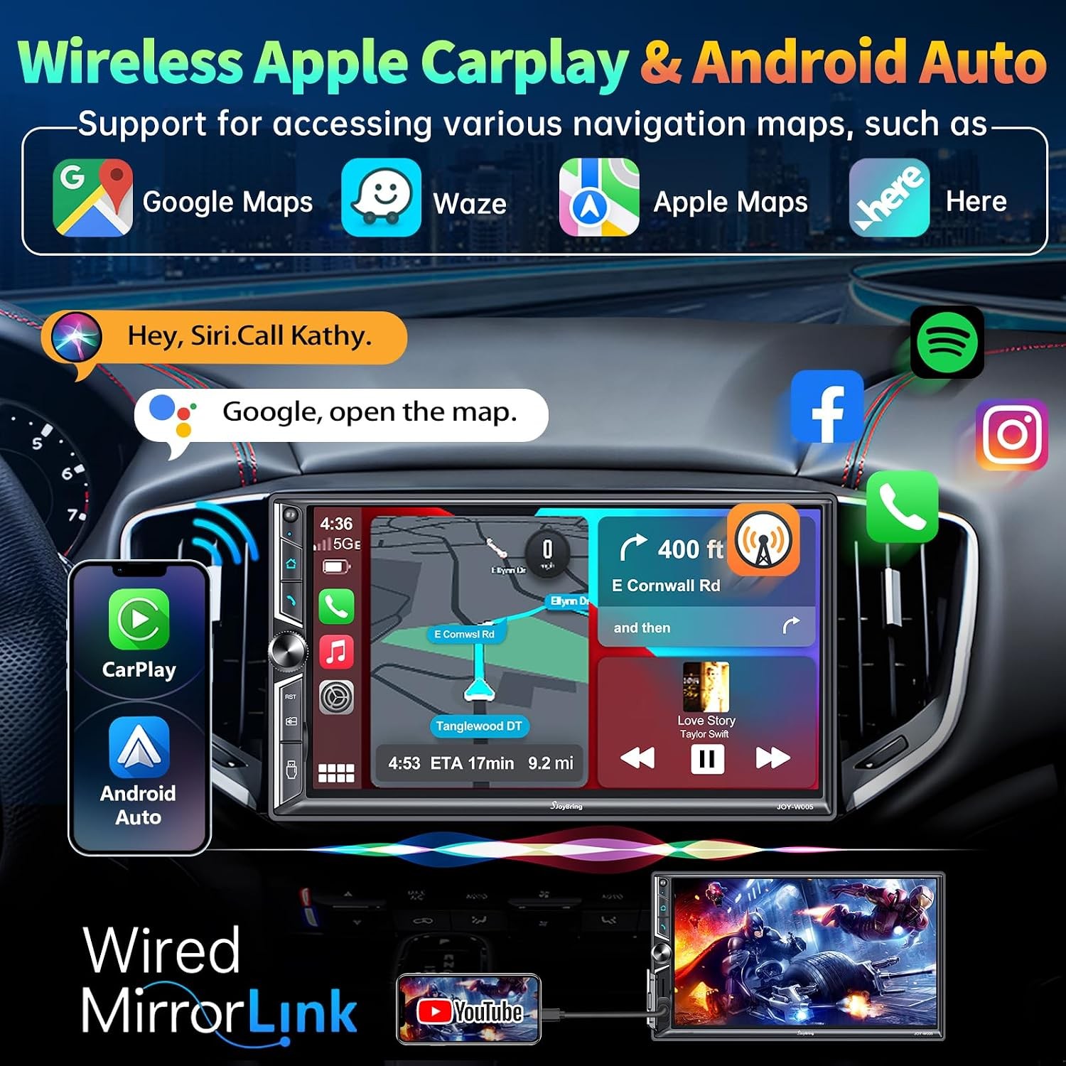 Wireless Apple CarPlay Android Auto 7″ Double Din Car Stereo