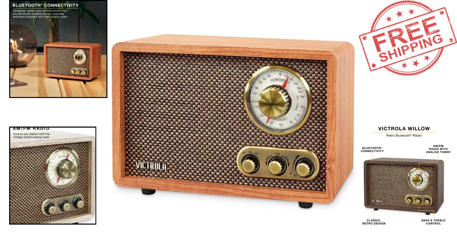 Willow Retro Bluetooth Radio: Vintage Wood Design with Built-in Speakers 9.5”