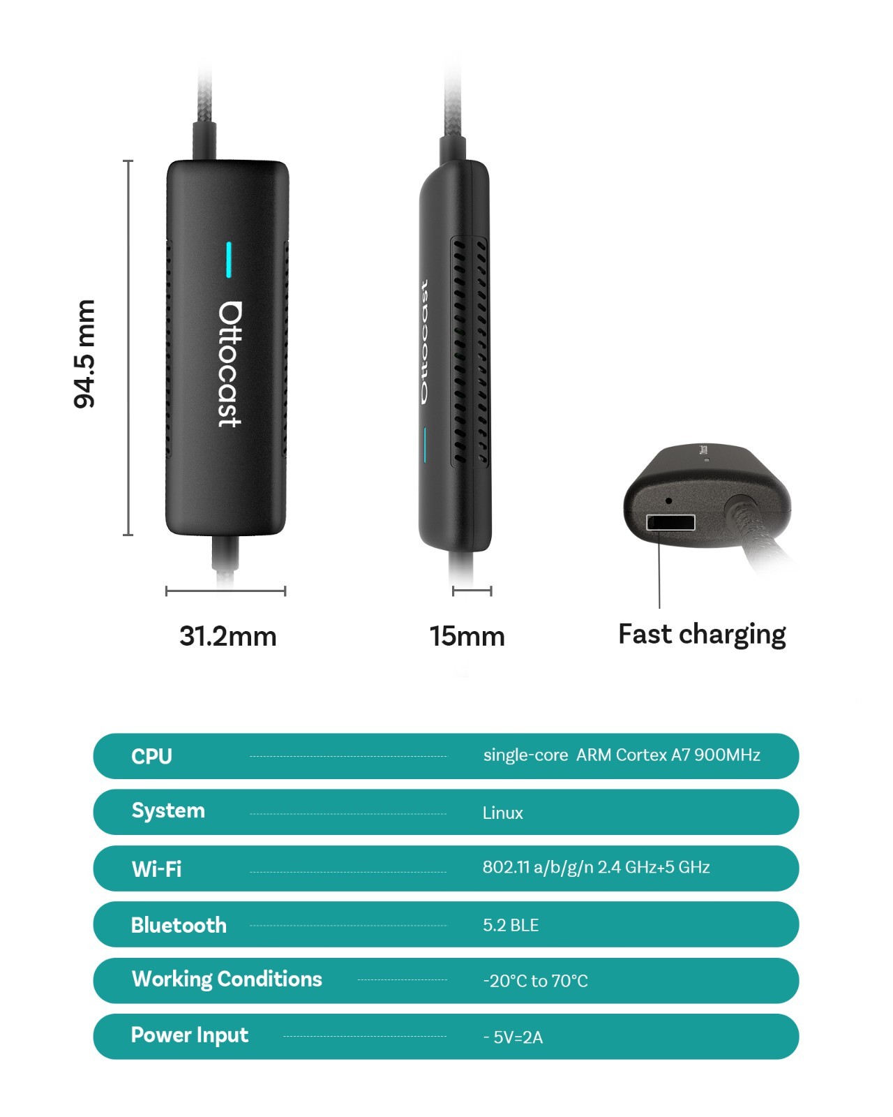 Ottocast Wireless CarPlay & MirrorLink Adapter for iPhone/Android Auto-Reconnect