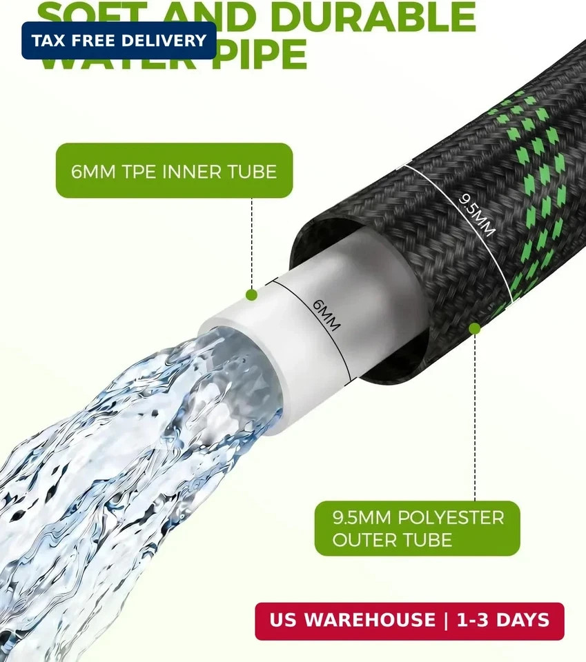 100ft Garden Hose, Non-Expandable Water Hose with 8 Function Spray Nozzle, Light