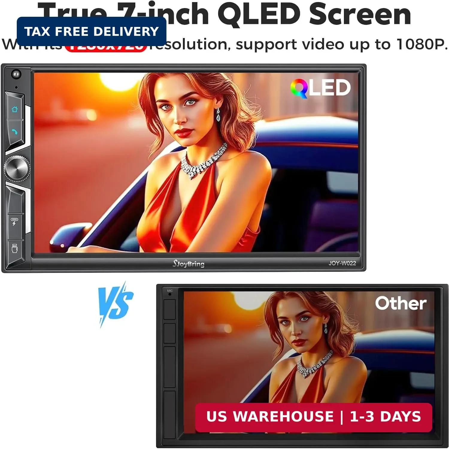 SJoyBring 7″ QLED Double Din Car Stereo – Wireless Apple CarPlay & Android Auto,
