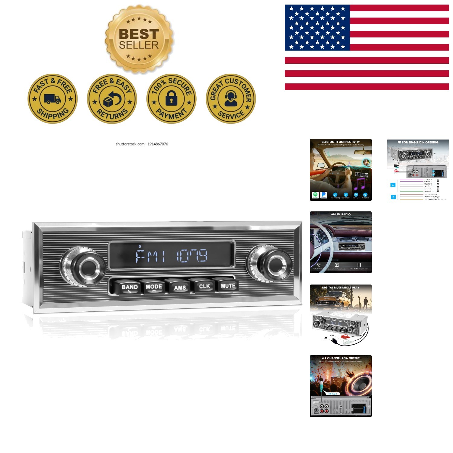 300W Bluetooth Stereo Radio for Classic Vehicles: AM FM with Retro Control