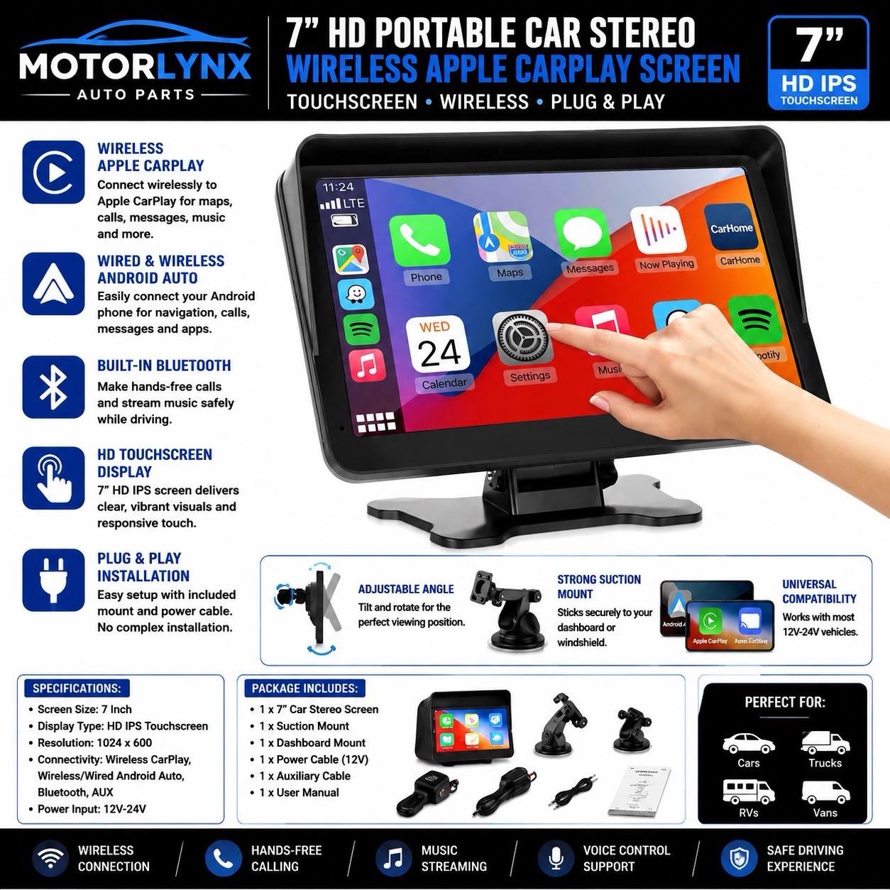 Wireless Apple Carplay Screen for Car,7″ HD Portable Car Stereo Touchscreen