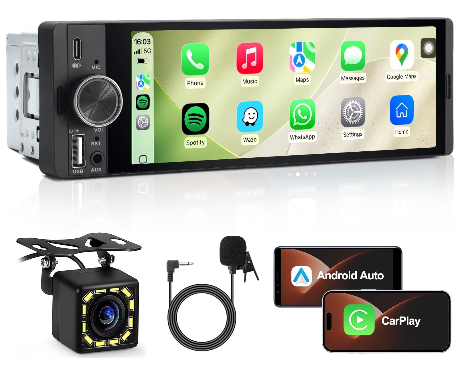 Single DIN Car Radio with 6.36″ HD Touchscreen, Bluetooth, Backup Camera, CarPla