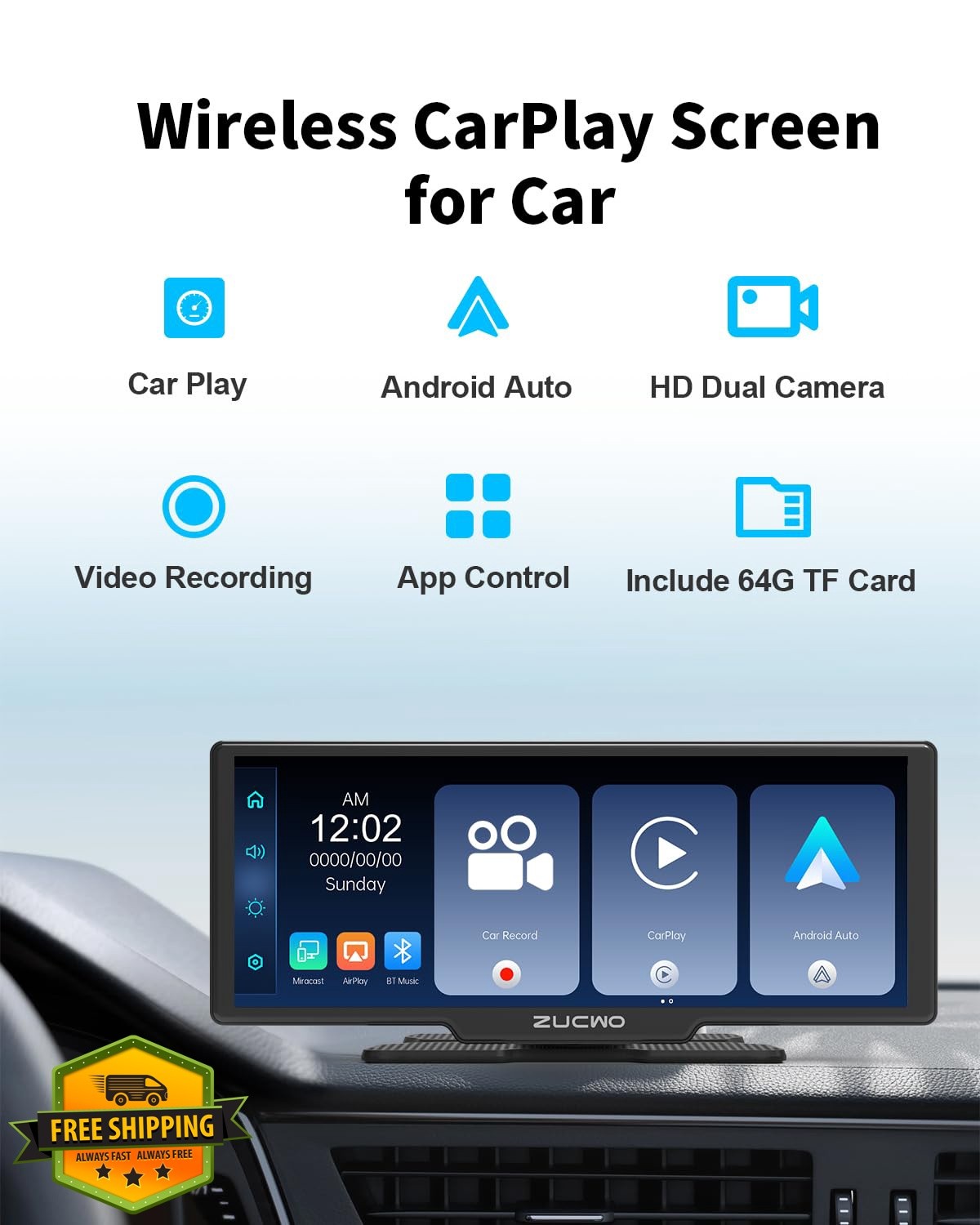 ZUCWO 10.26 Inch Wireless CarPlay Screen Black