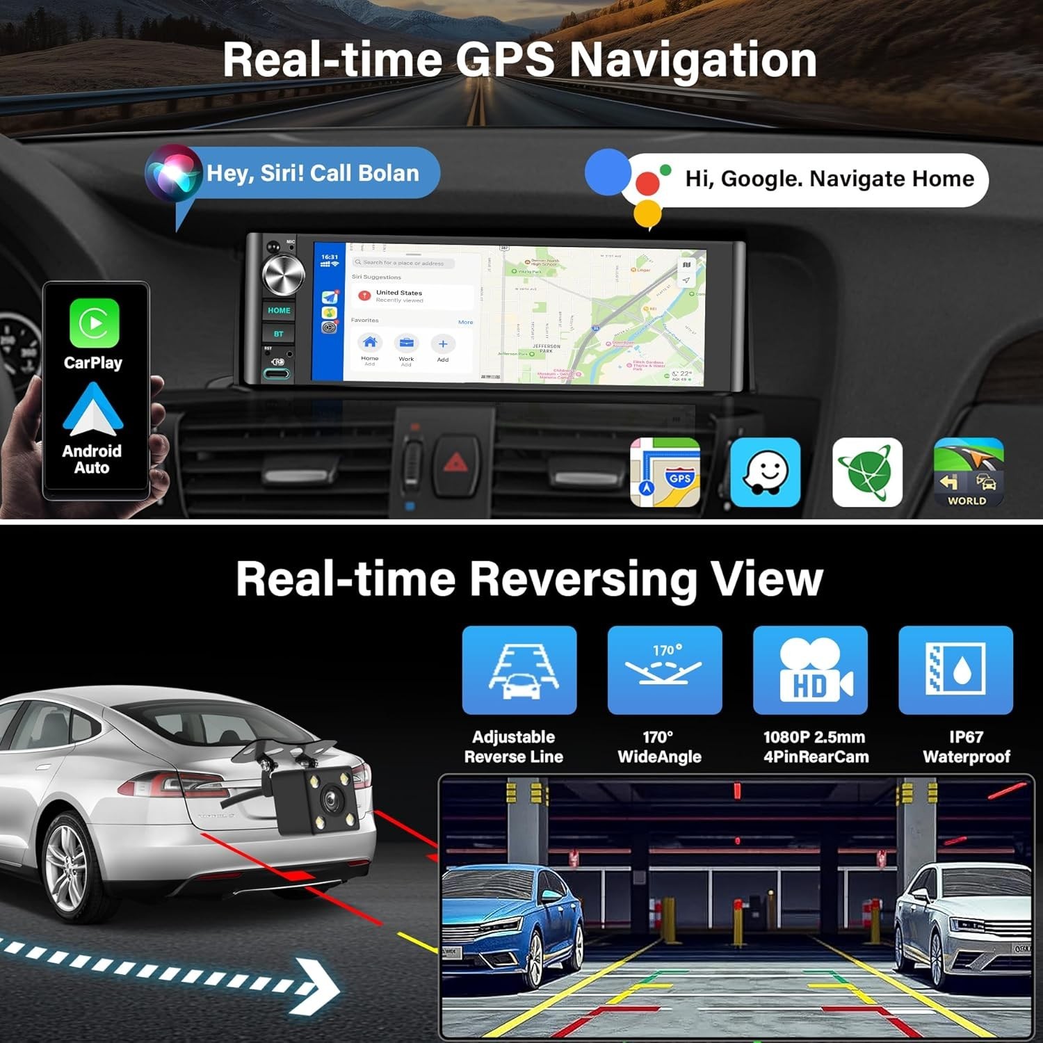 Single Din Car Stereo Wireless Apple CarPlay Android Auto 7-inch Touchscreen