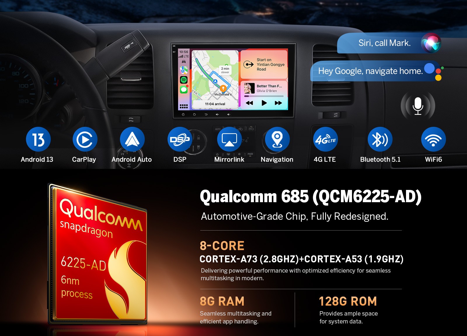 Android 13 8+128G 8″ Car Stereo DSP GPS CarPlay 4G Radio for GMC Yukon 2007-2014