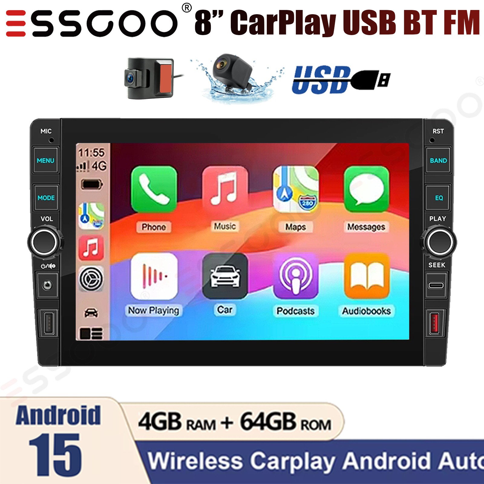 DVR&AHD+ 8″ Car Stereo Radio 2DIN Android 15 Carplay 4+64G GPS Navi USB BT WiFi