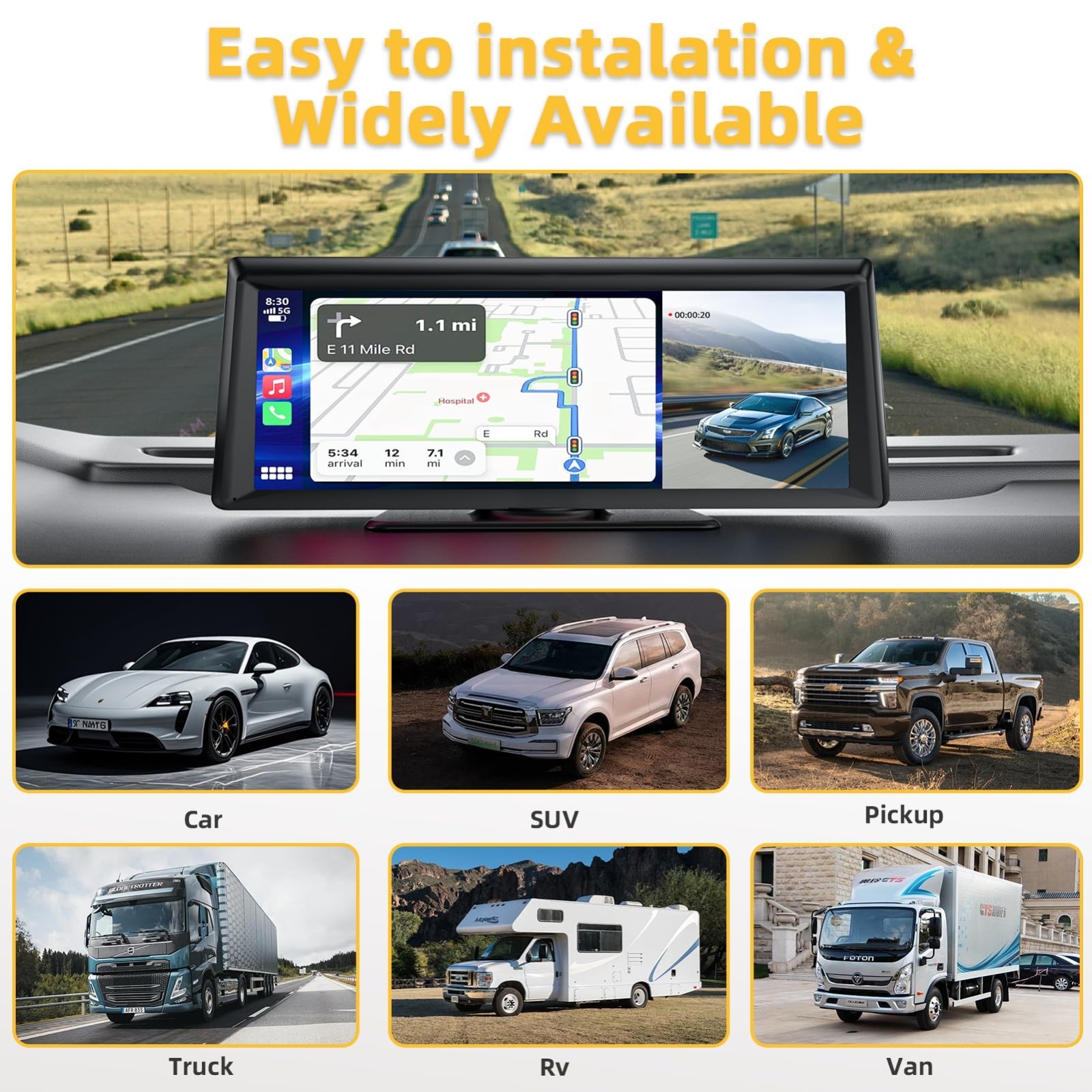 8.1″ HD Wireless Carplay Stereo with 2K Dash Cam, Bluetooth, GPS, Voice Control,