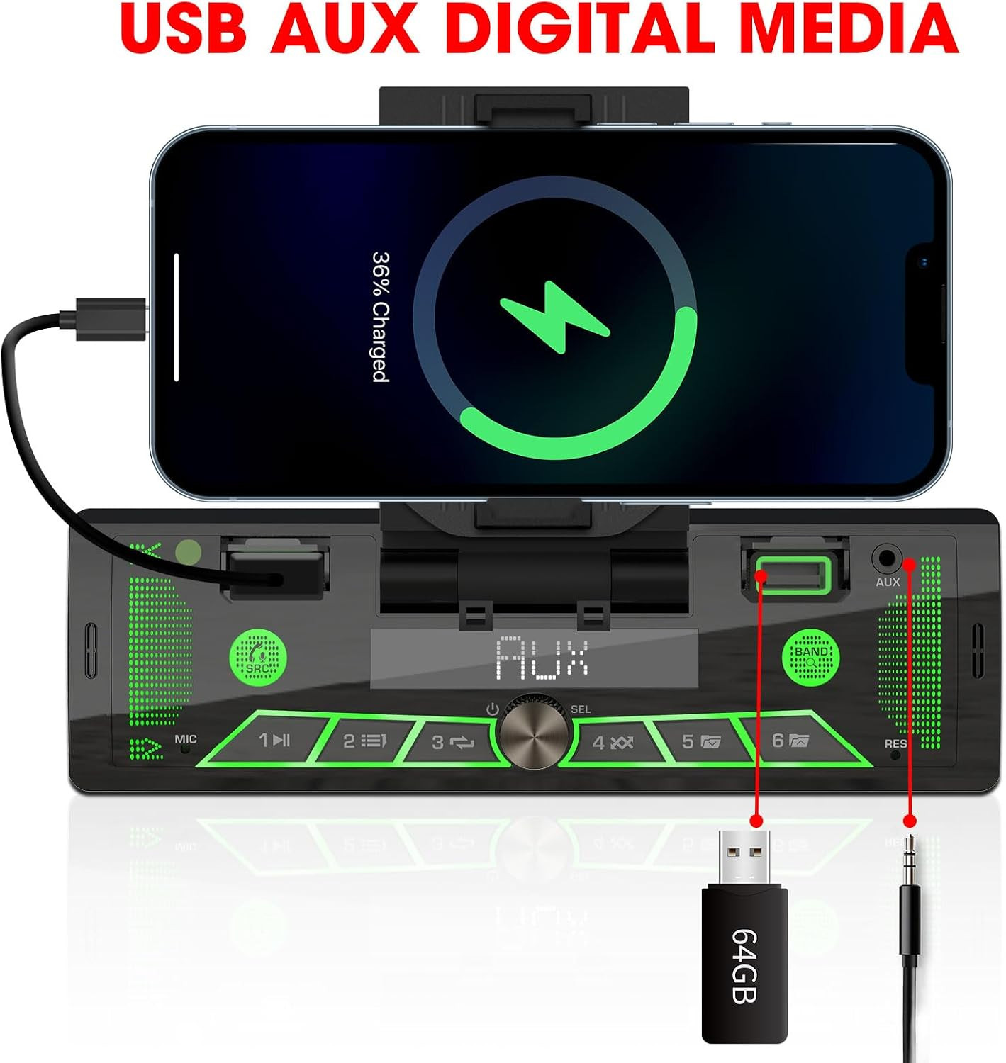Single-Din Stereo with Car Phone Holder – Bluetooth Car Radio – Push to Talk