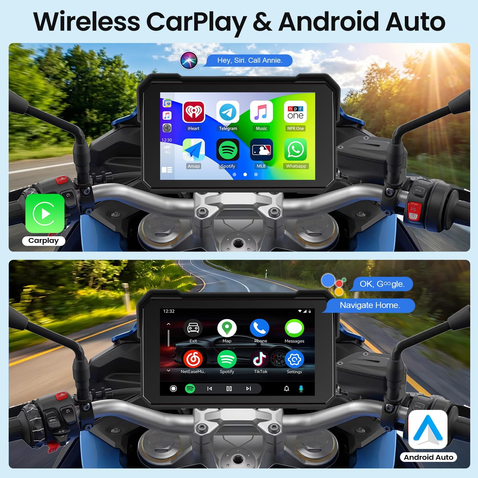 Motorcycle CarPlay Screen with Wireless Apple CarPlay Android Auto, IP68 Wate…