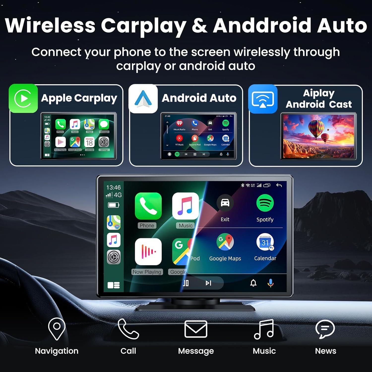 9inch Portable Stereo Wireless Apple Carplay Android Touch Screen w/CAM Radio