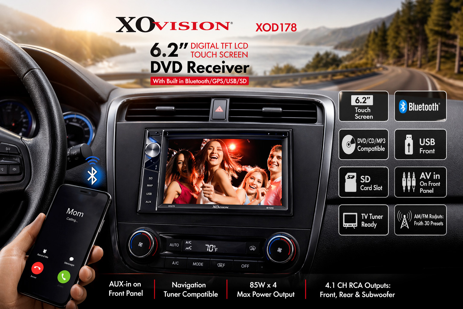 XO VISION 6.2″ double 2 DIN CD DVD MP3 USB Bluetooth Touchscreen car audio FM AM