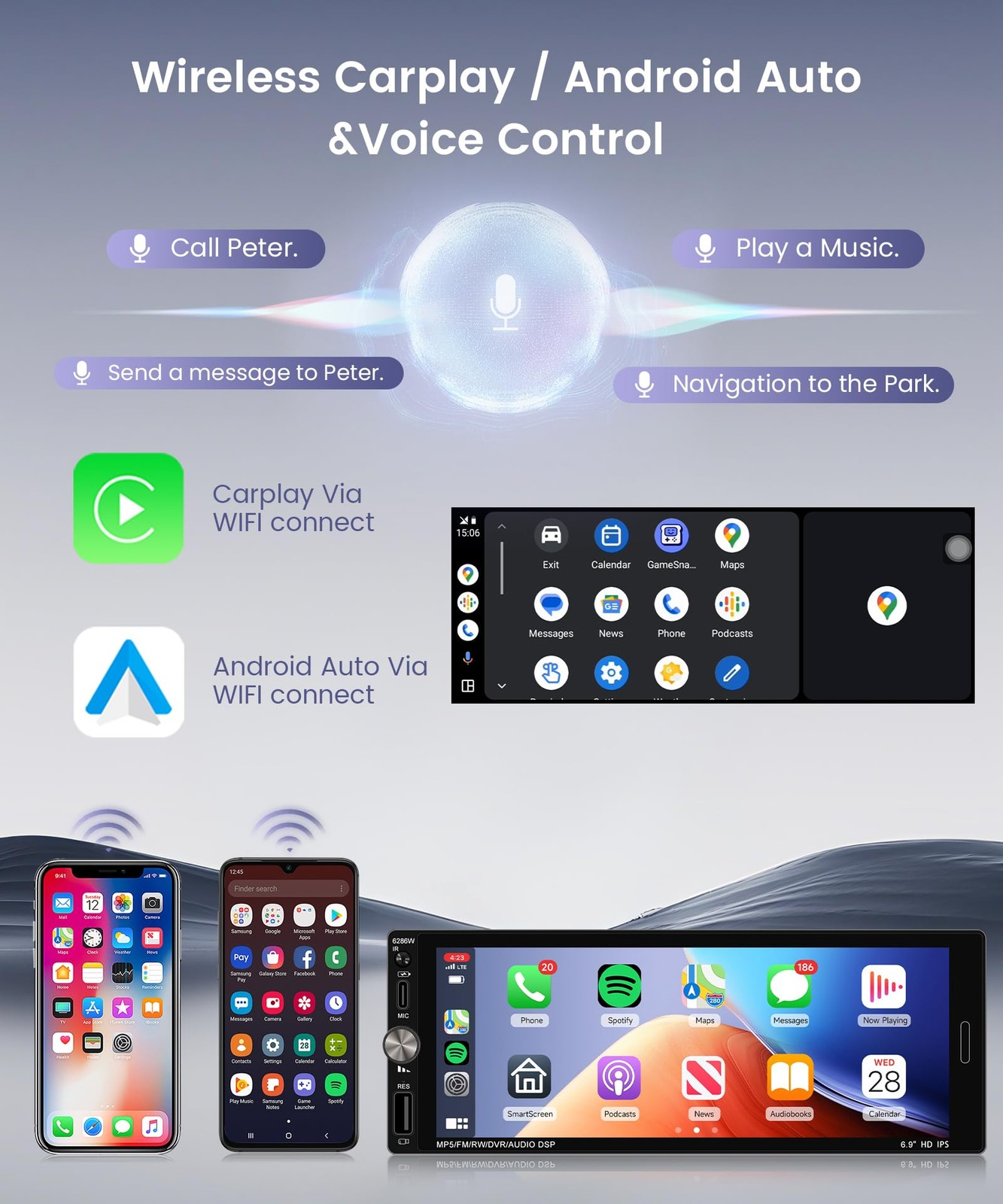 Single Din Car Radio Stereo Wireless Carplay & Android Auto, 6.9″ HD IPS Touc…