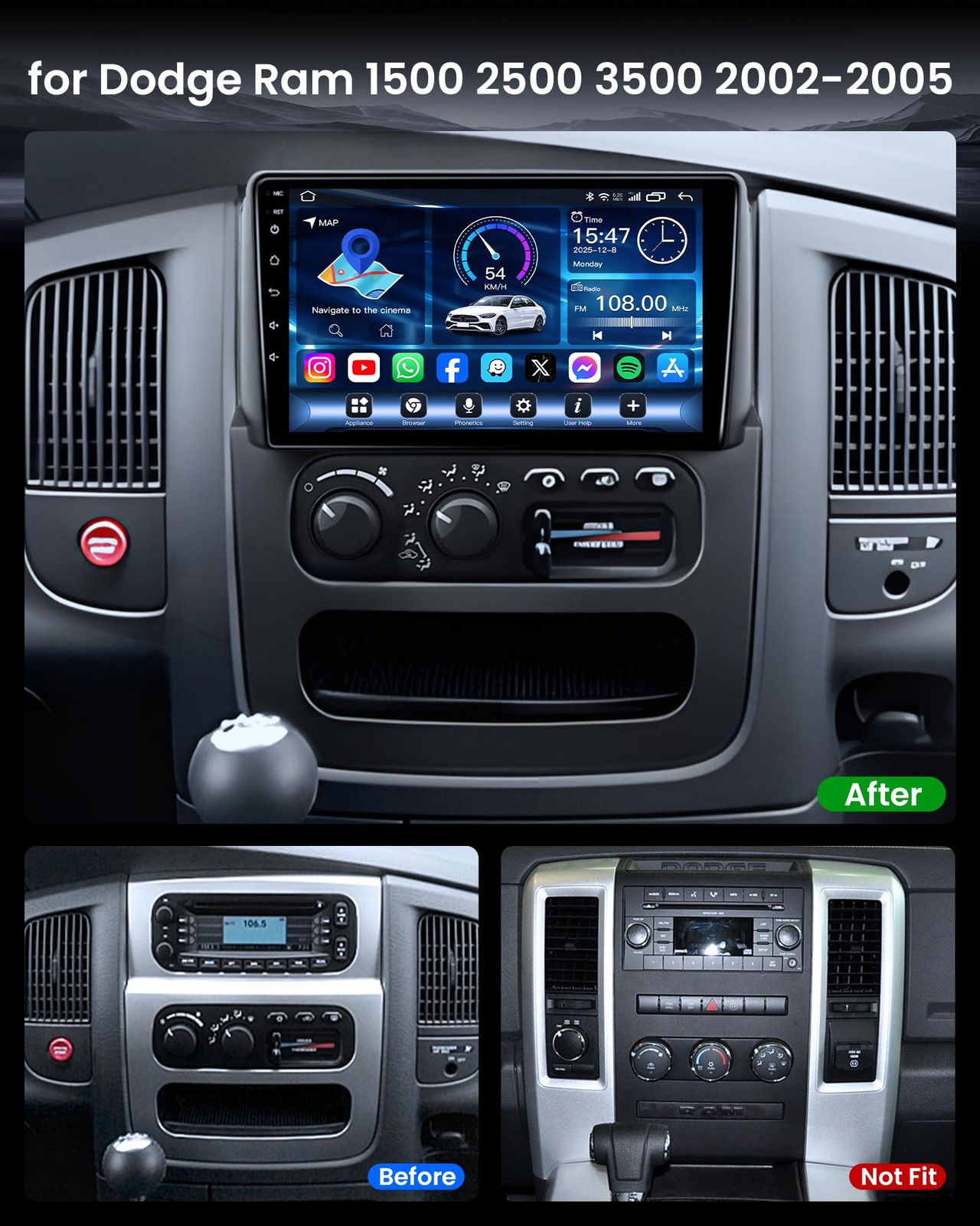 9″ Touchscreen Wireless Carplay Android Auto Stereo for 2002-2005 Dodge Ram
