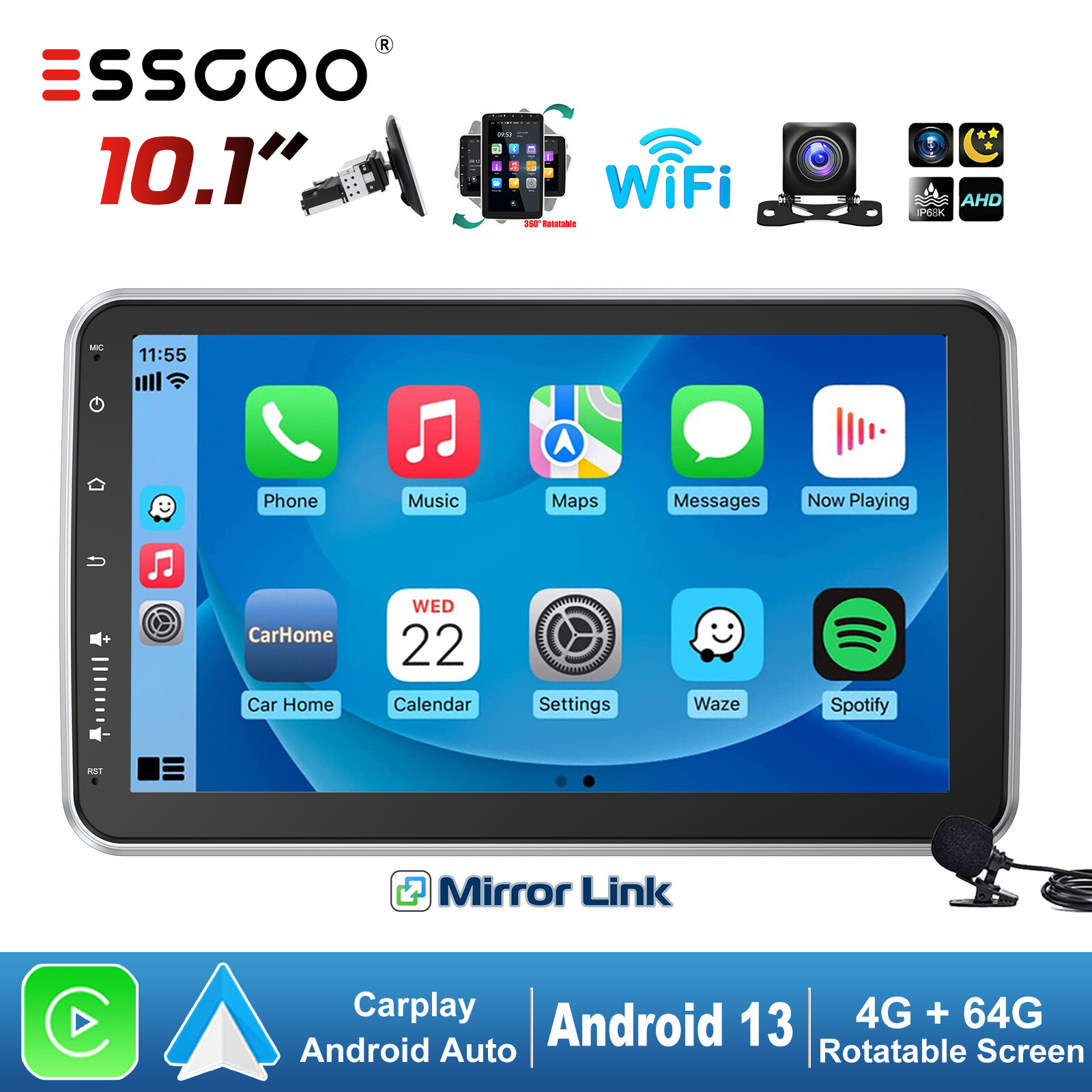 10″ Rotatable Android 13 4+64G Carplay Stereo Radio GPS WIFI 1 DIN + Camera MIC