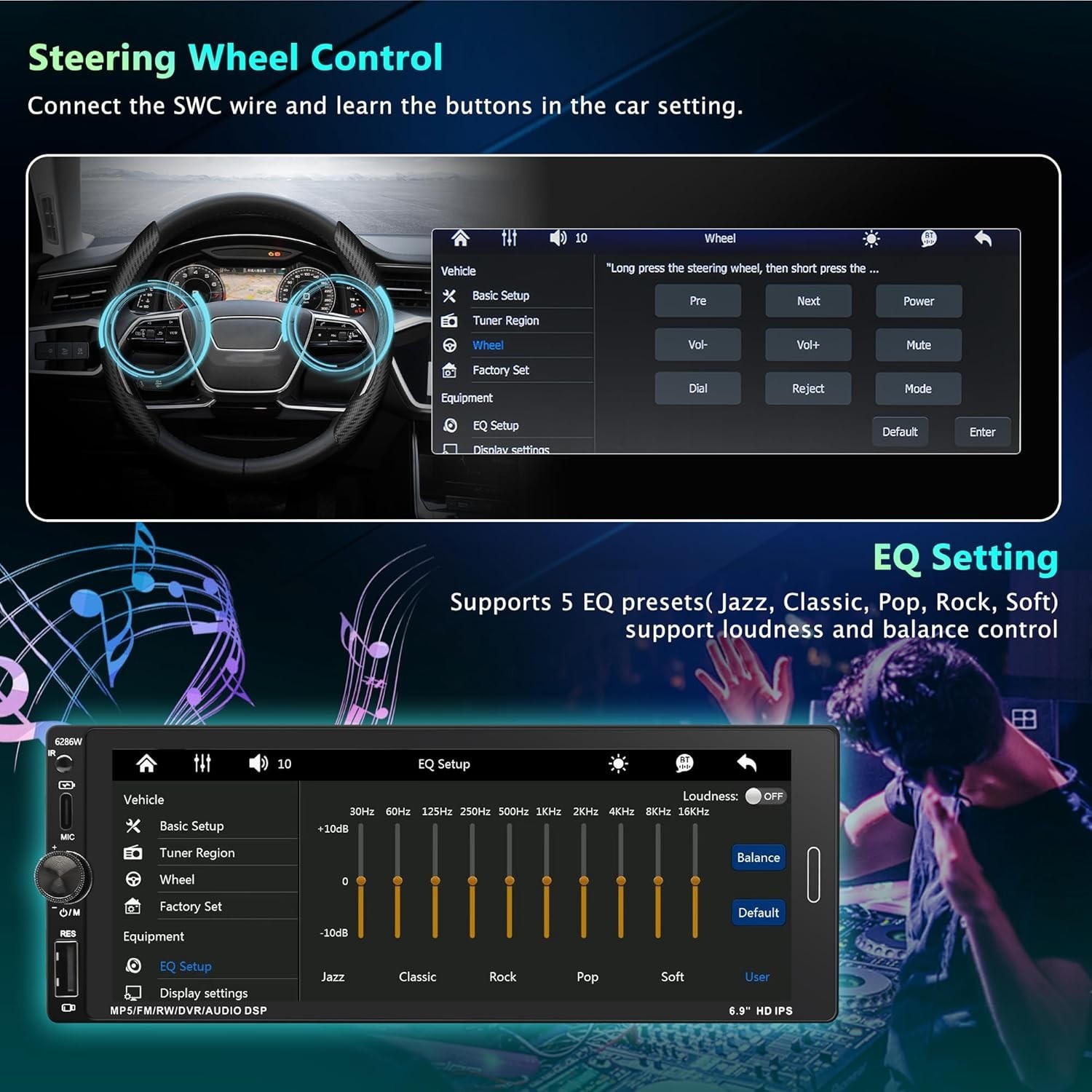 High-Performance 6.9″ Car Stereo with Bluetooth 5.0 & Night Vision Backup Cam