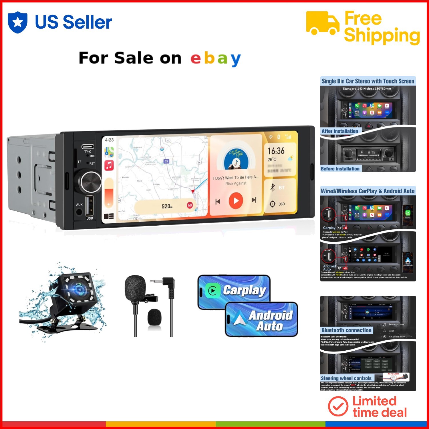 Universal Single DIN Car Stereo Touch Screen Bluetooth FM USB TF Backup Camera