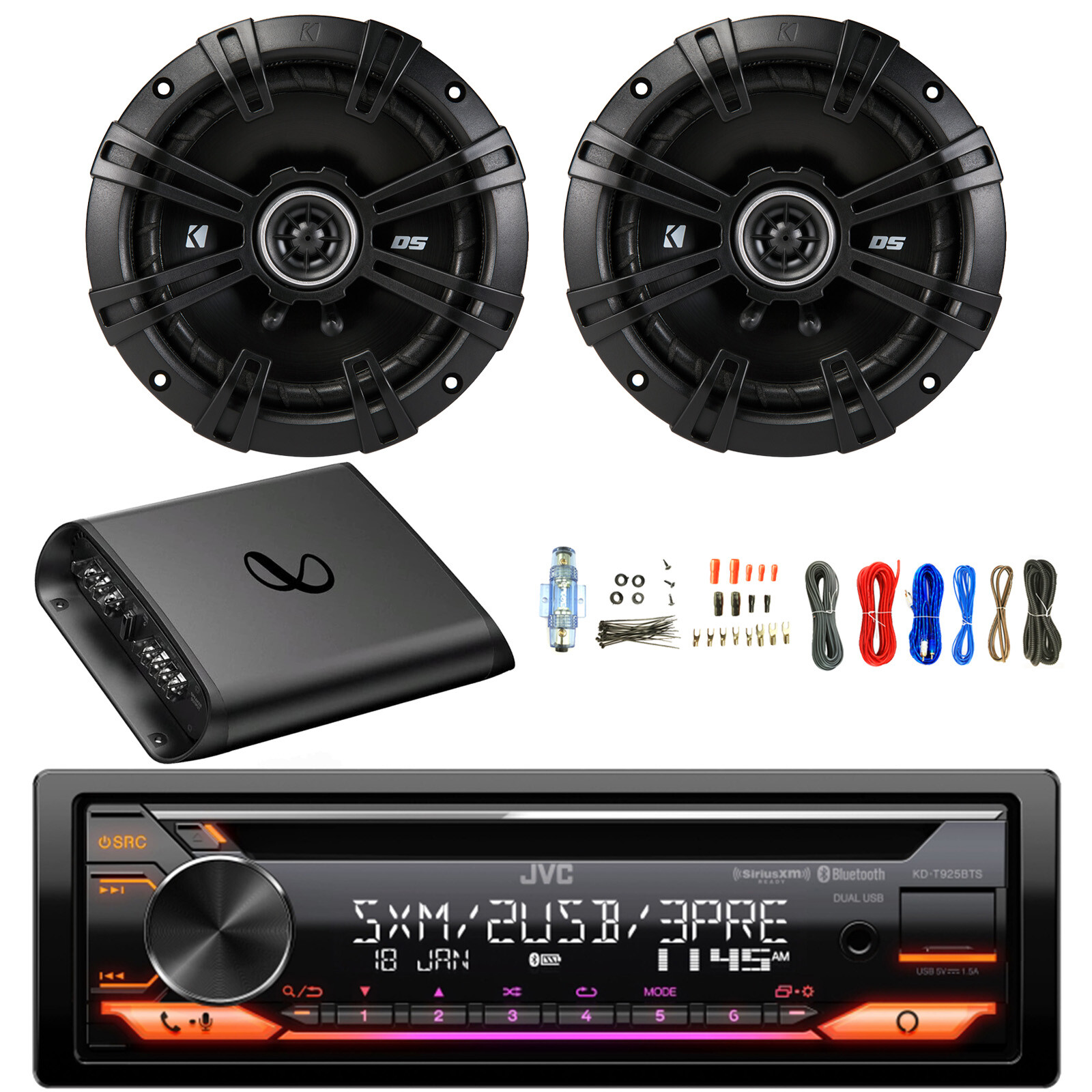 JVC Single DIN AM/FM Bluetooth CD Receiver, Amp w/Kit, 2x 6.5″ 240W Speakers