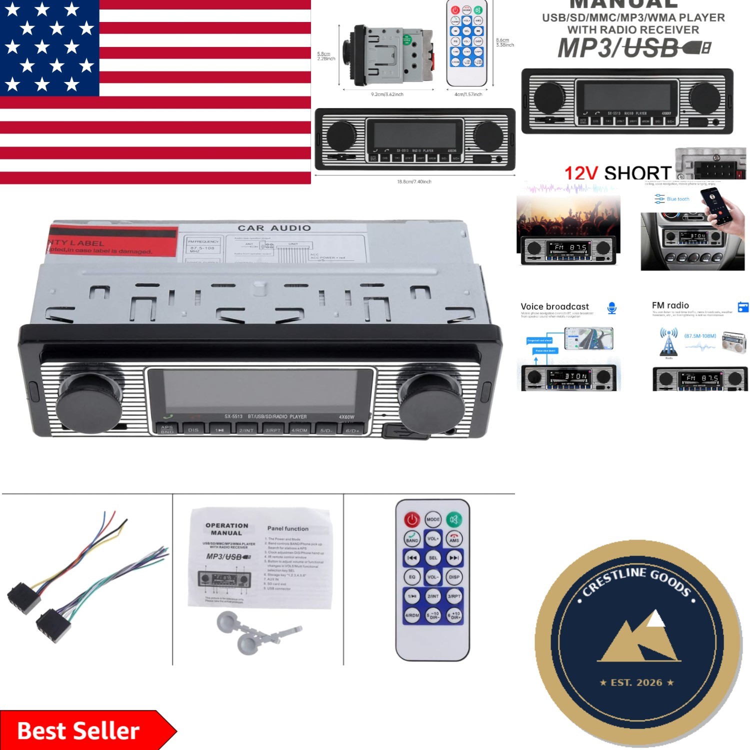 In-Dash 12V Bluetooth MP3 Player – Remote-Controlled Stereo with EQ Settings
