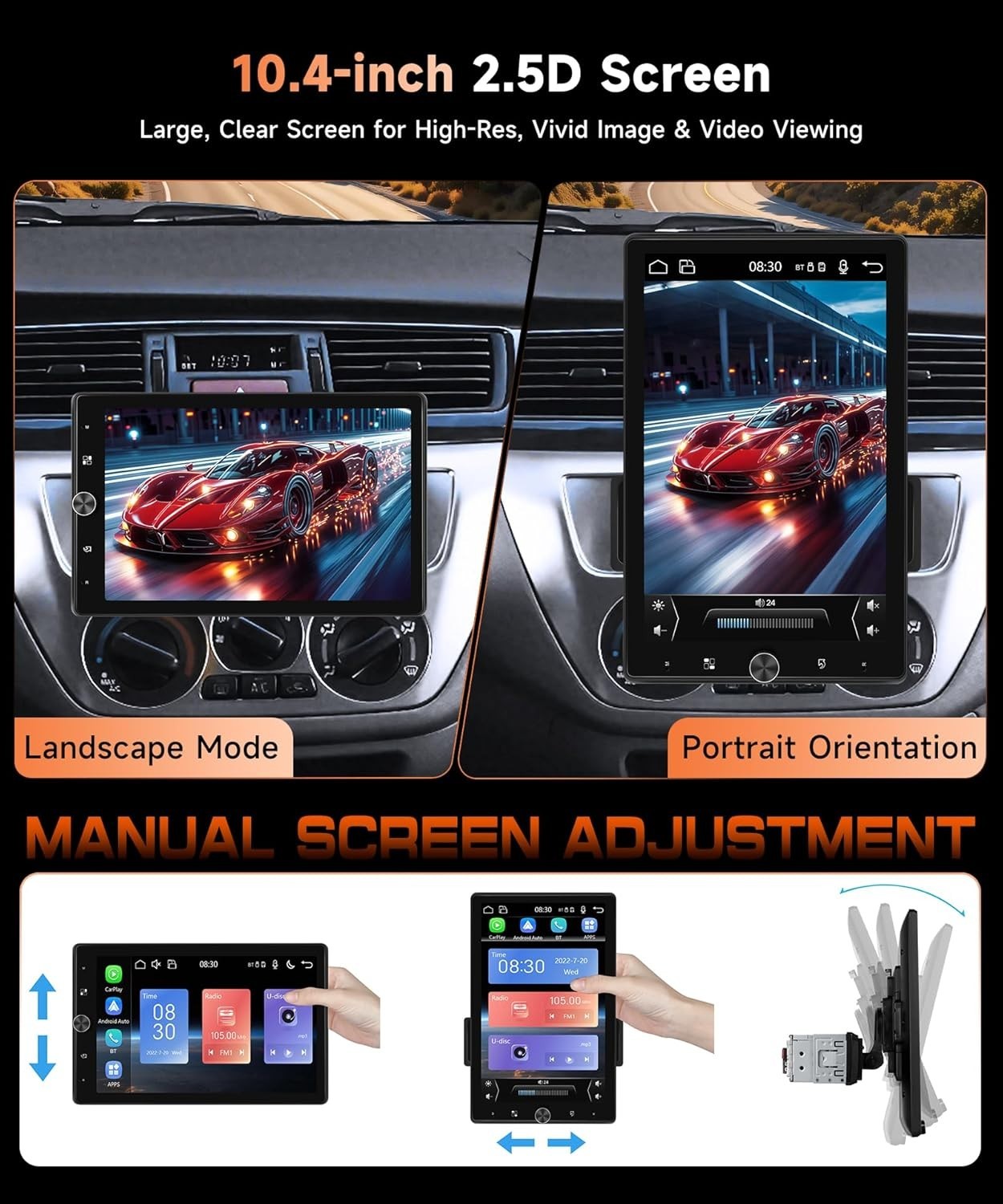 10.4” Single Din Car Stereo with Wireless CarPlay Android Auto, HD Rotation …