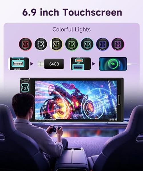 Car Stereo Single Din CarPlay Android Auto, 1 Din Car 6.9 inch Wired Carplay