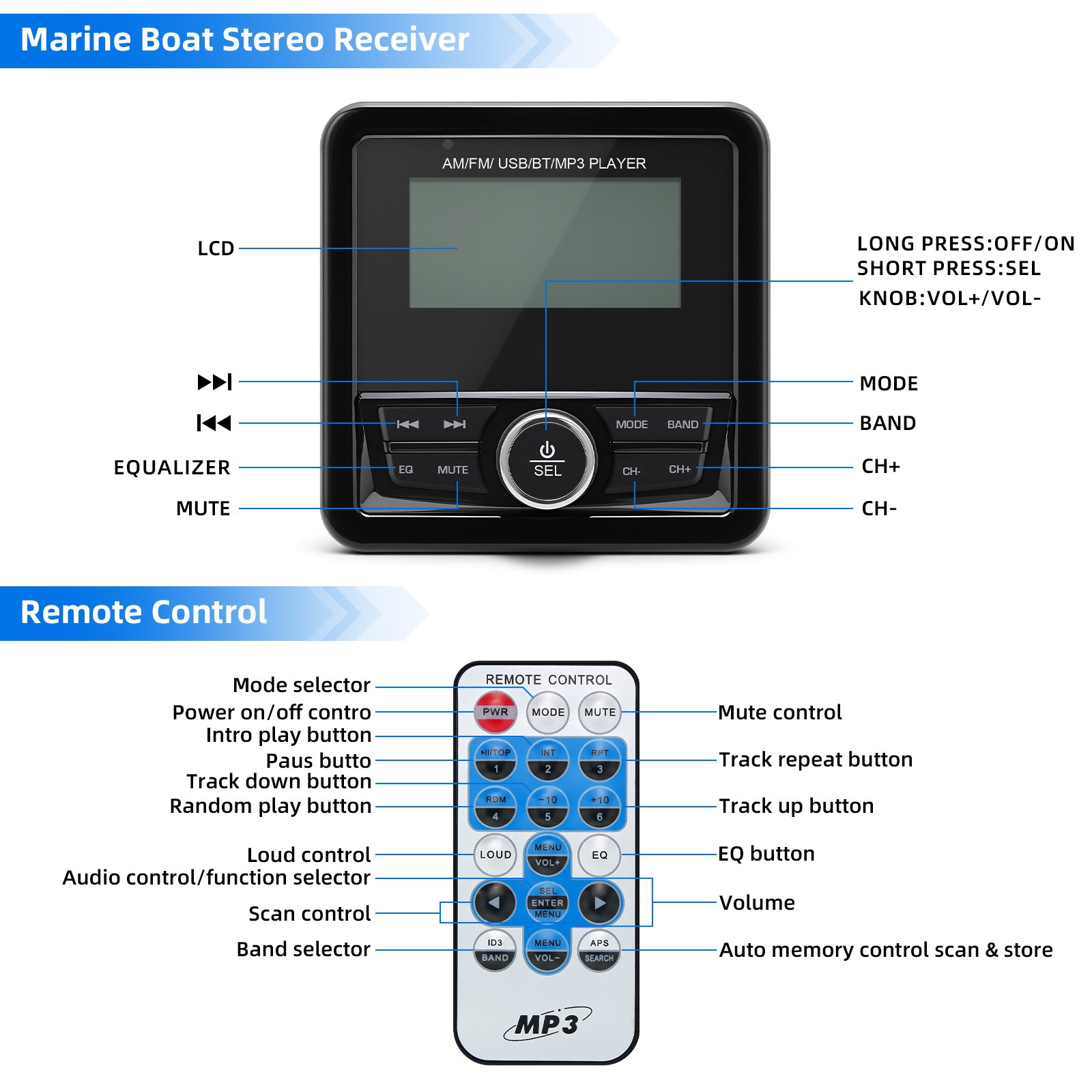 Marine Stereo Radio with Bluetooth Moto Audio Boat Car MP3 Player FM AM Receiver