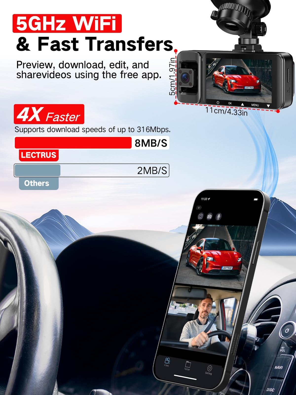 4K UHD 3-Channel Dash Cam Front/Rear/Inside Car Camera with 64GB – Night Vision/