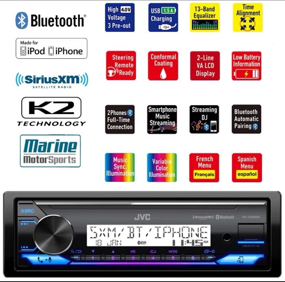 JVC KDX38MBS 1-DIN Marine AM/FM Radio SiriusXM Ready Receiver