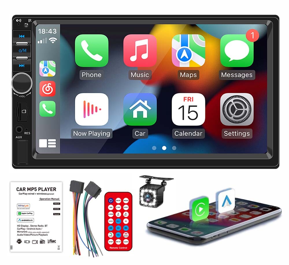 Double Din 7″ Car Radio Apple CarPlay Android Auto Touchscreen Multimedia Player