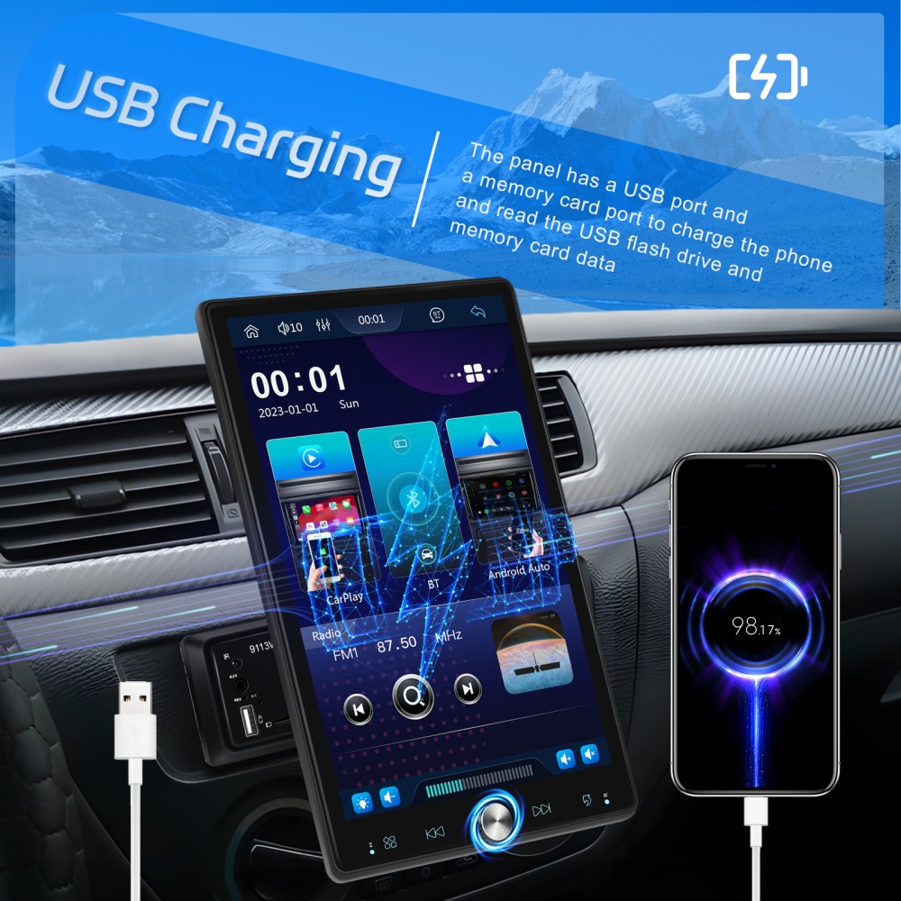 10.4″ Single 1DIN Wireless Apple CarPlay Car Stereo Rotatable Touch Screen Radio