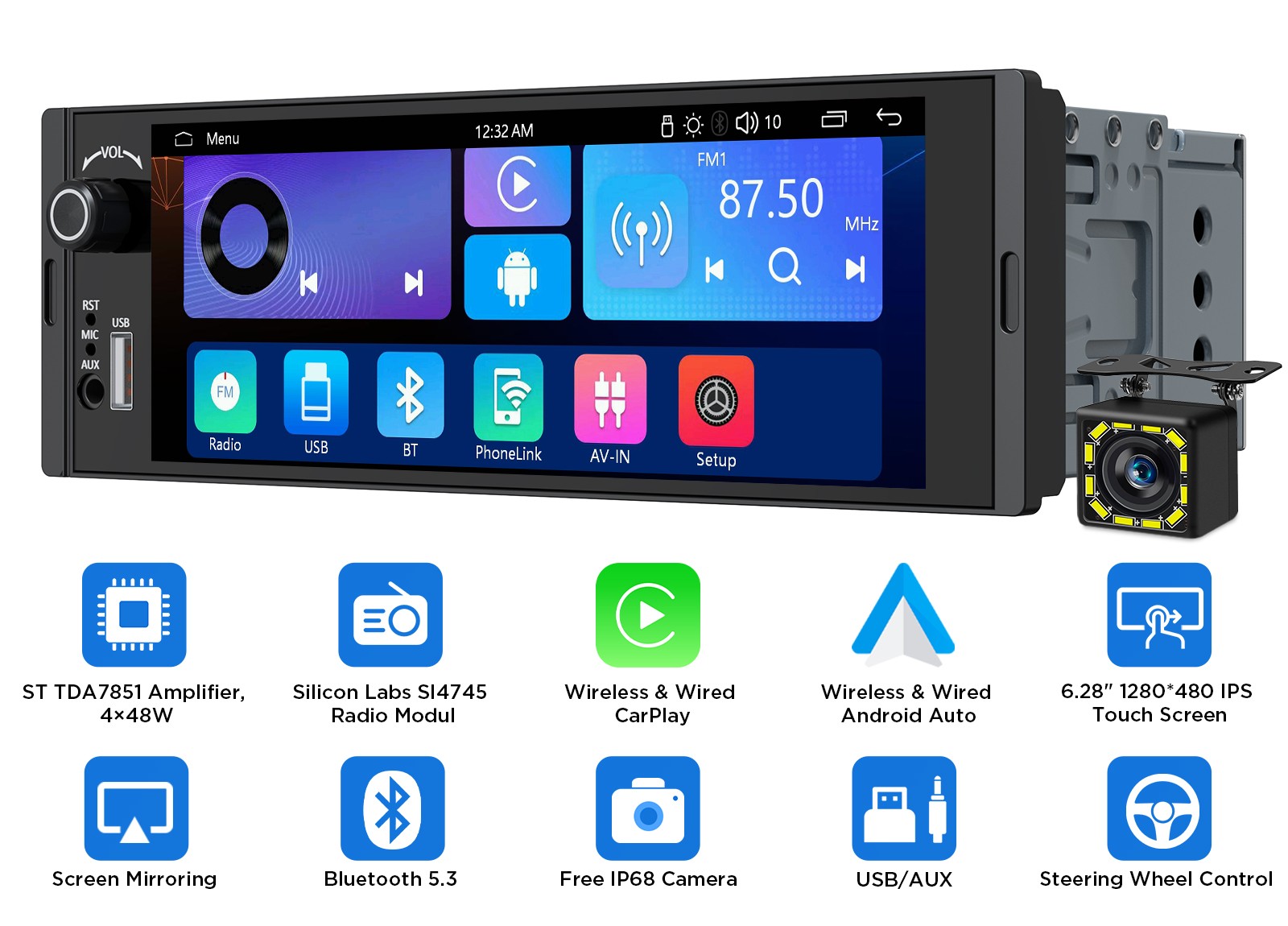 Car Radio Wireless Apple CarPlay 6.28″ IPS Android Auto Single DIN Backup Camera