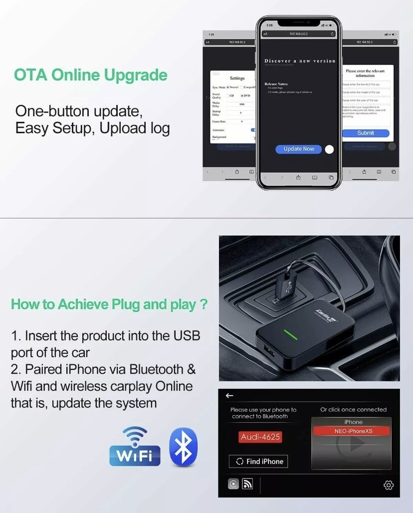 NEW CarlinKit CPC200-U2W-Plus 3.0 Wireless CarPlay Adapter USB for Factory Wired