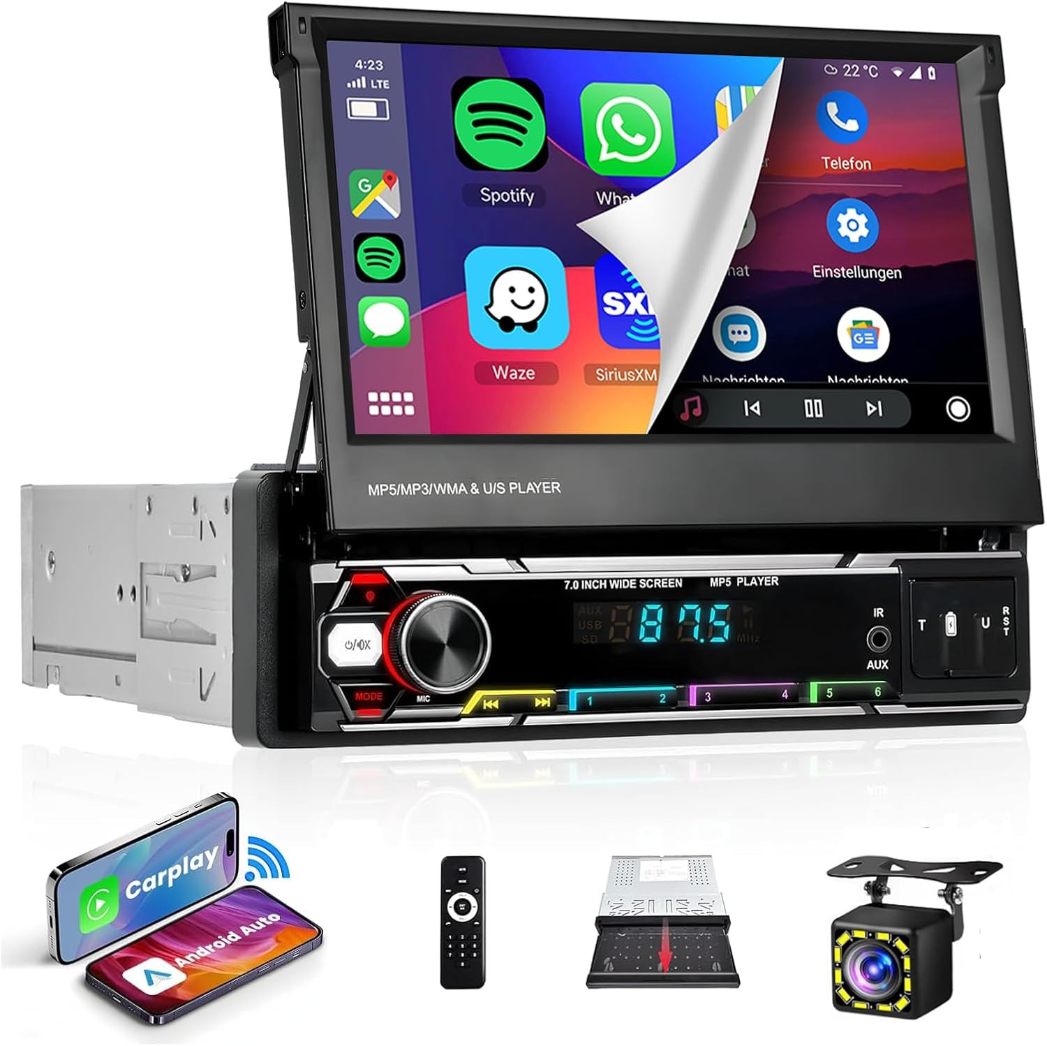 Wireless Carplay 7Inch Single Din Touchscreen Radio,Ips Manual Flip Out Touchscr