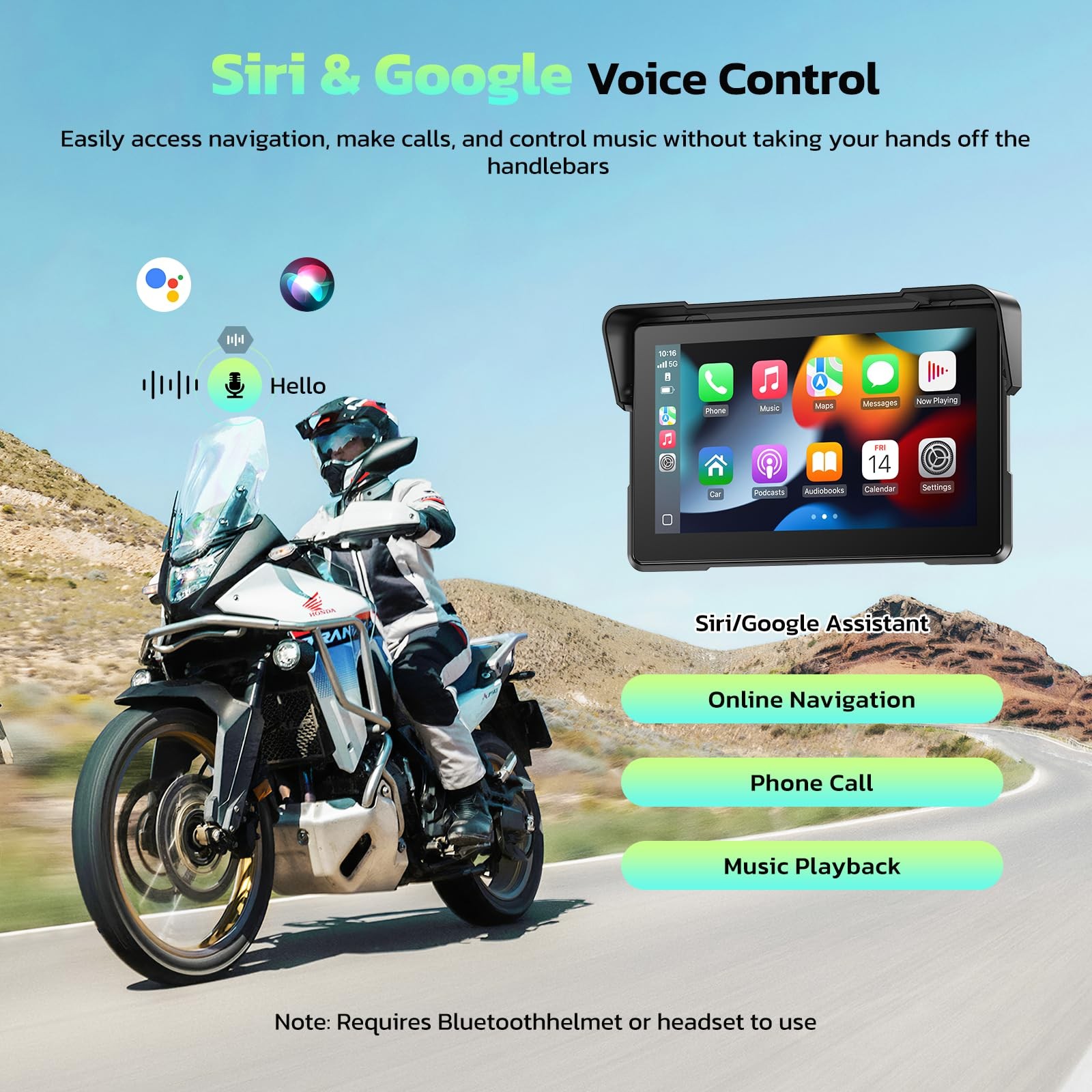 LAMTTO 7-Inch Wireless Motorcycle Carplay GPS Navigation System with Black