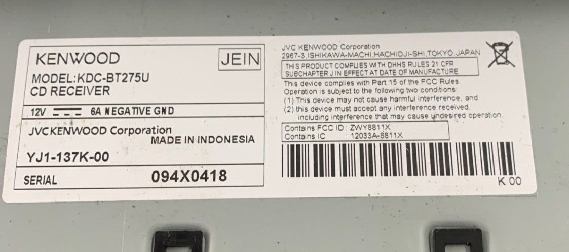 KENWOOD CAR STEREO KDC-BT275U CAME OUT FROM 2004 INFINITY WITH ADAPTER