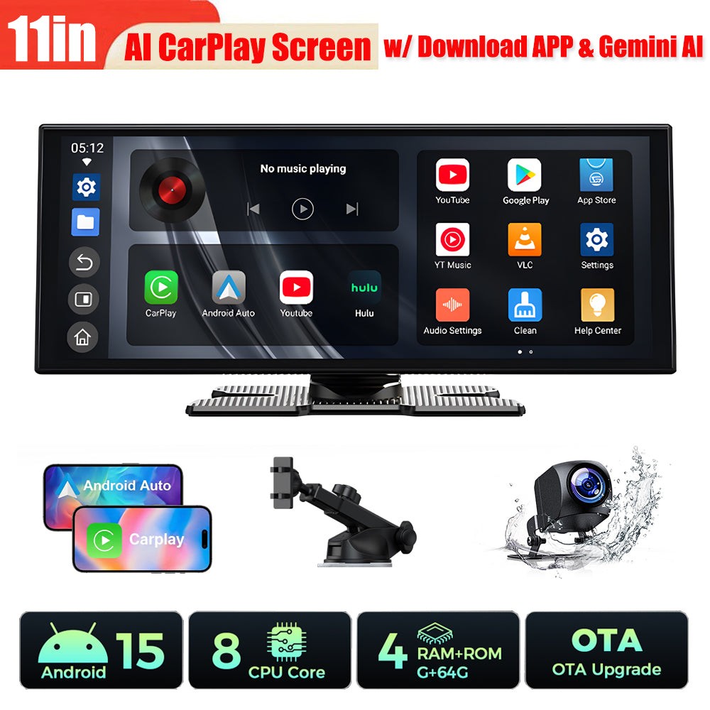 11″ TouchScreen Wireless Carplay Portable Car Stereo w/ Download APP & Gemini AI