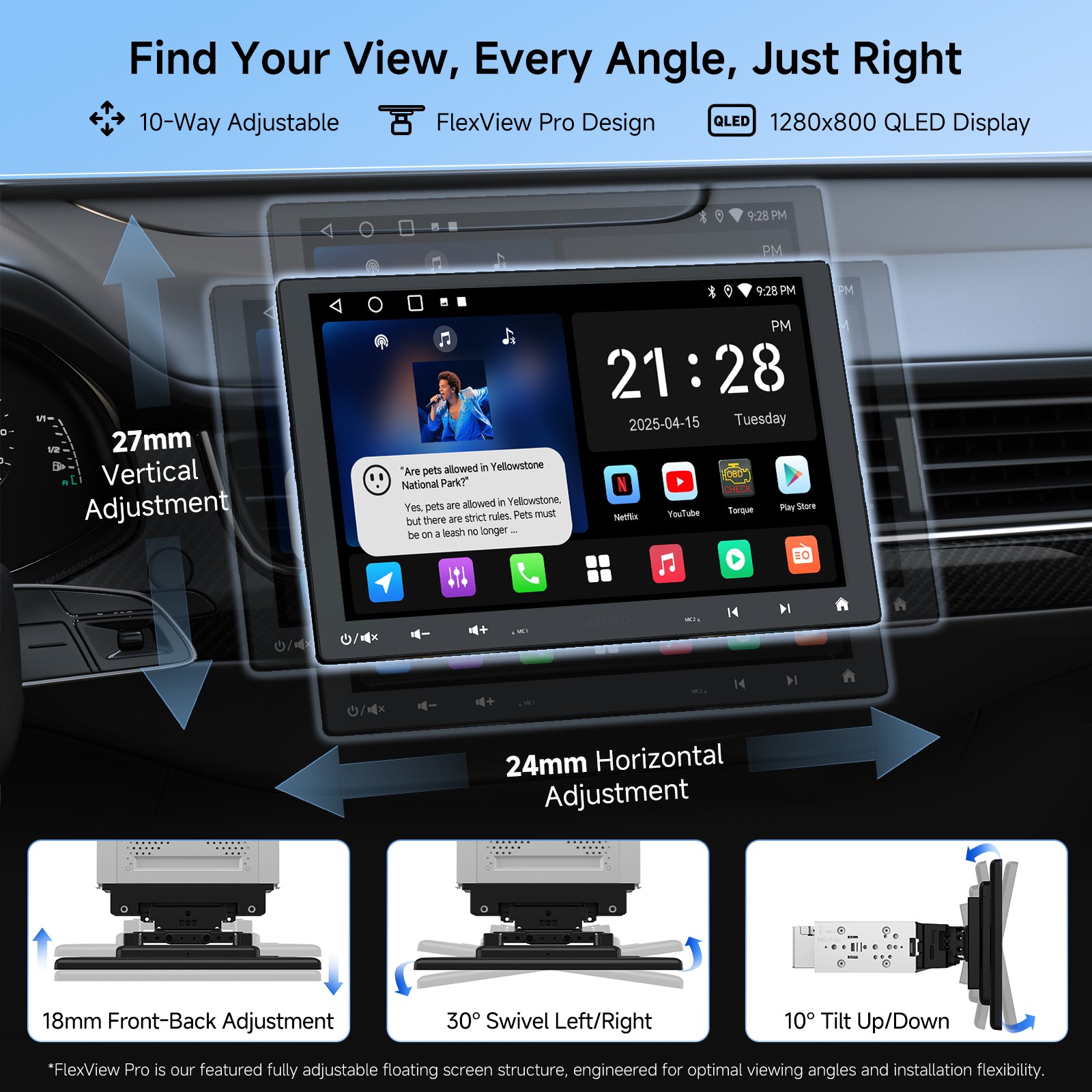 ATOTO 10.1″ 2G+32G Floating 1 DIN Car Stereo Wireless CarPlay 4G GPS DVR Camera