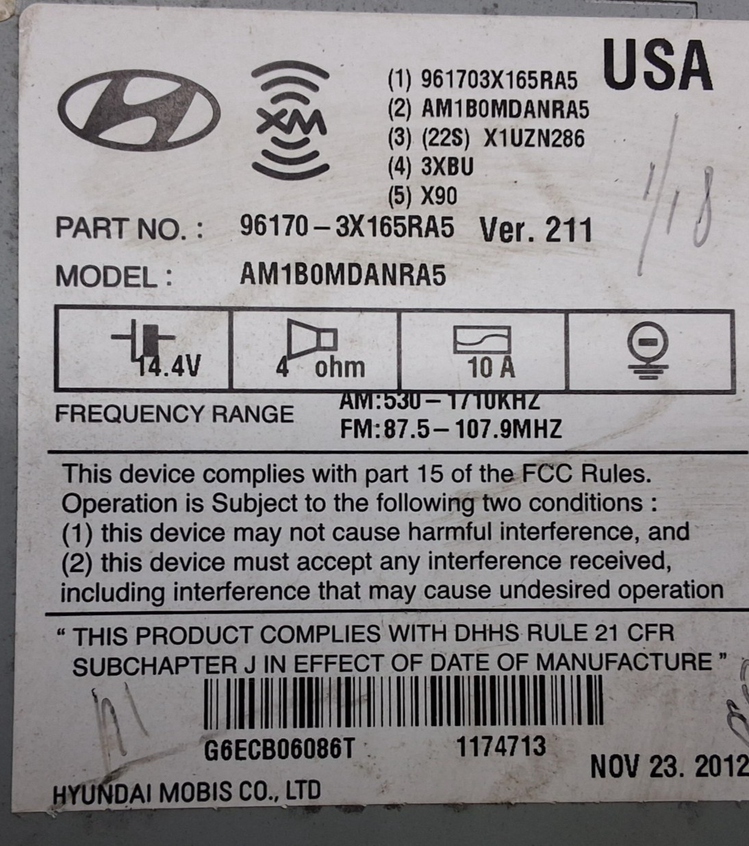 13 Hyundai Elantra coupe AM FM XM CD radio receiver OEM 96170-3X165RA5